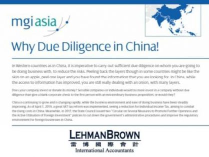 China-based MGI Worldwide accounting network member firm, LehmanBrown, publishes white paper discussing the importance of due diligence in China